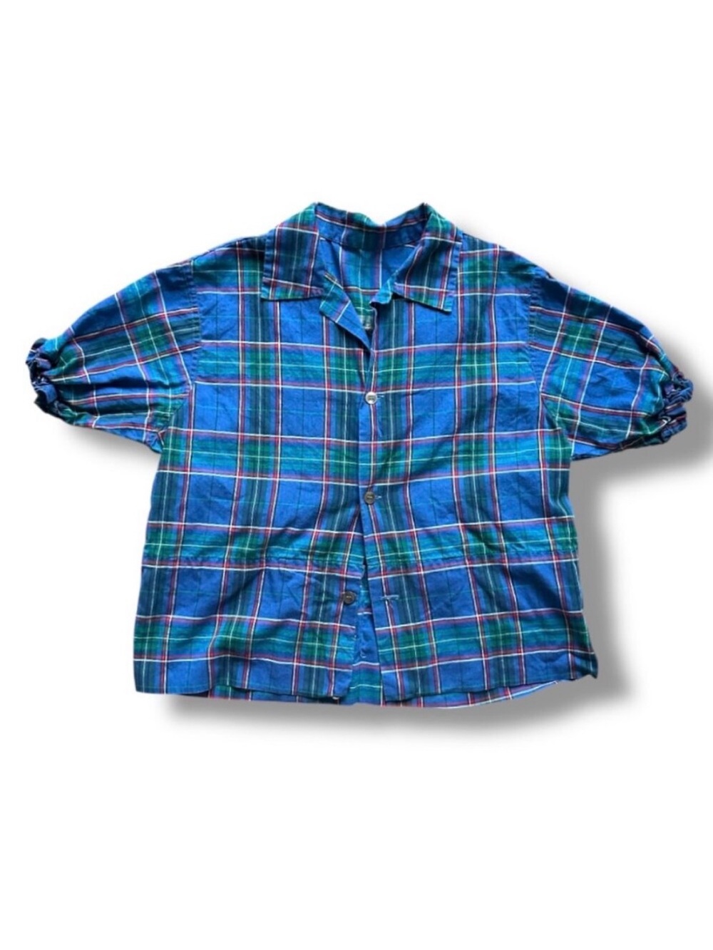 Vintage Handmade Blue Plaid Short Sleeve Button Up Top Womens SIze Medium Spring